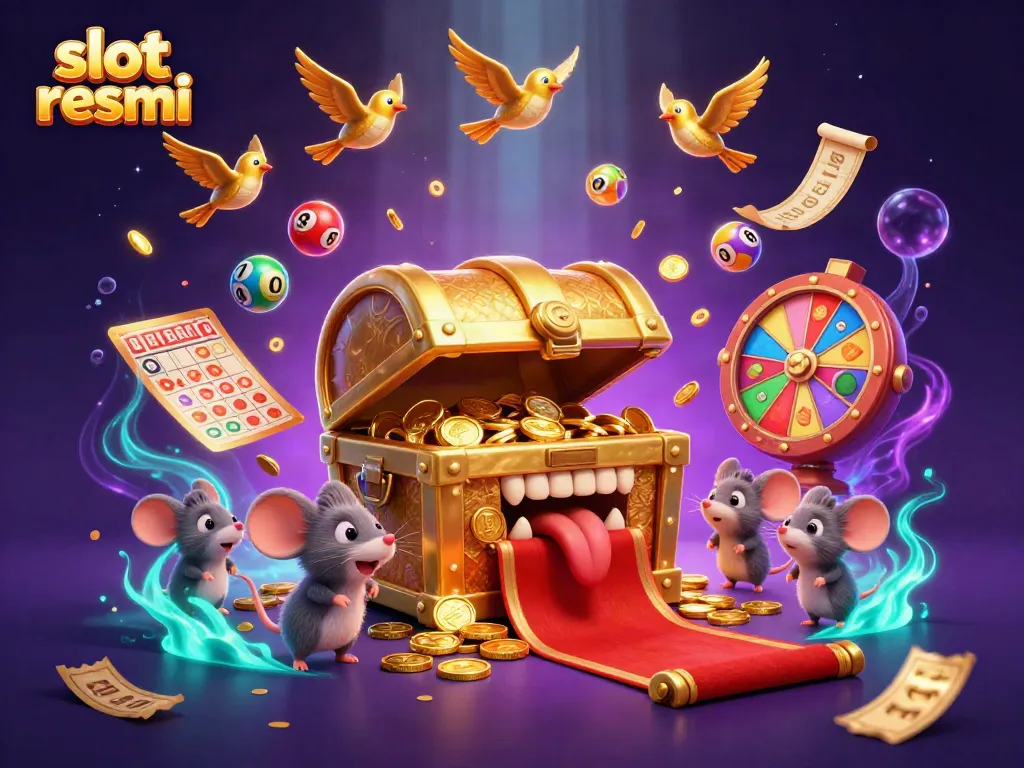 Experience the thrilling allure of slot resmi with a cartoon treasure chest and dynamic casino elements.