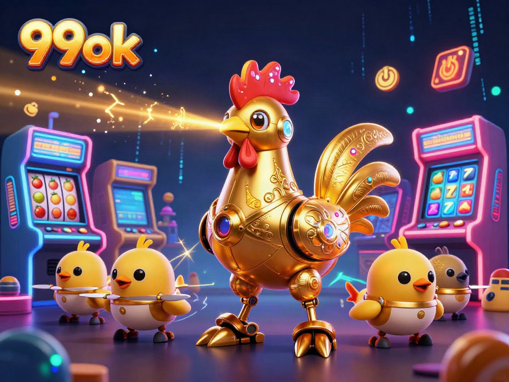 Experience the thrill of gaming with 99ok's vibrant robotic scene of laser-shooting characters in a visually stunning casino.