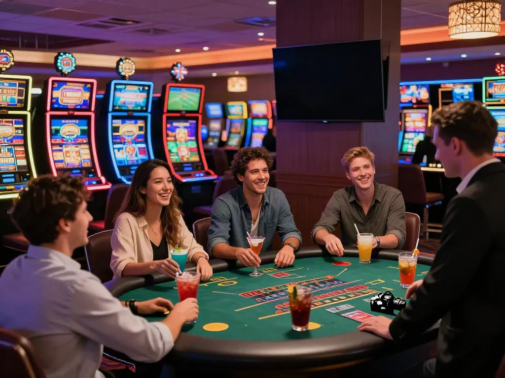 Friends enjoying themselves at a non gamstop casino UK with vibrant slot machines in the background.