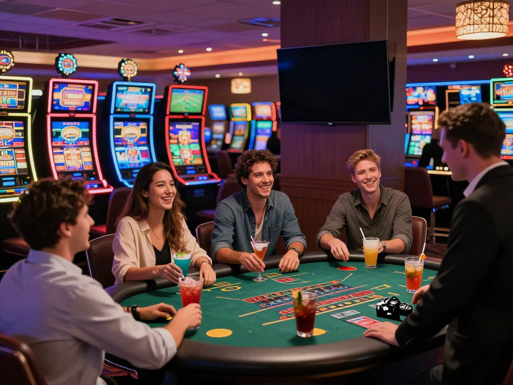 Friends enjoying themselves at a non gamstop casino UK with vibrant slot machines in the background.