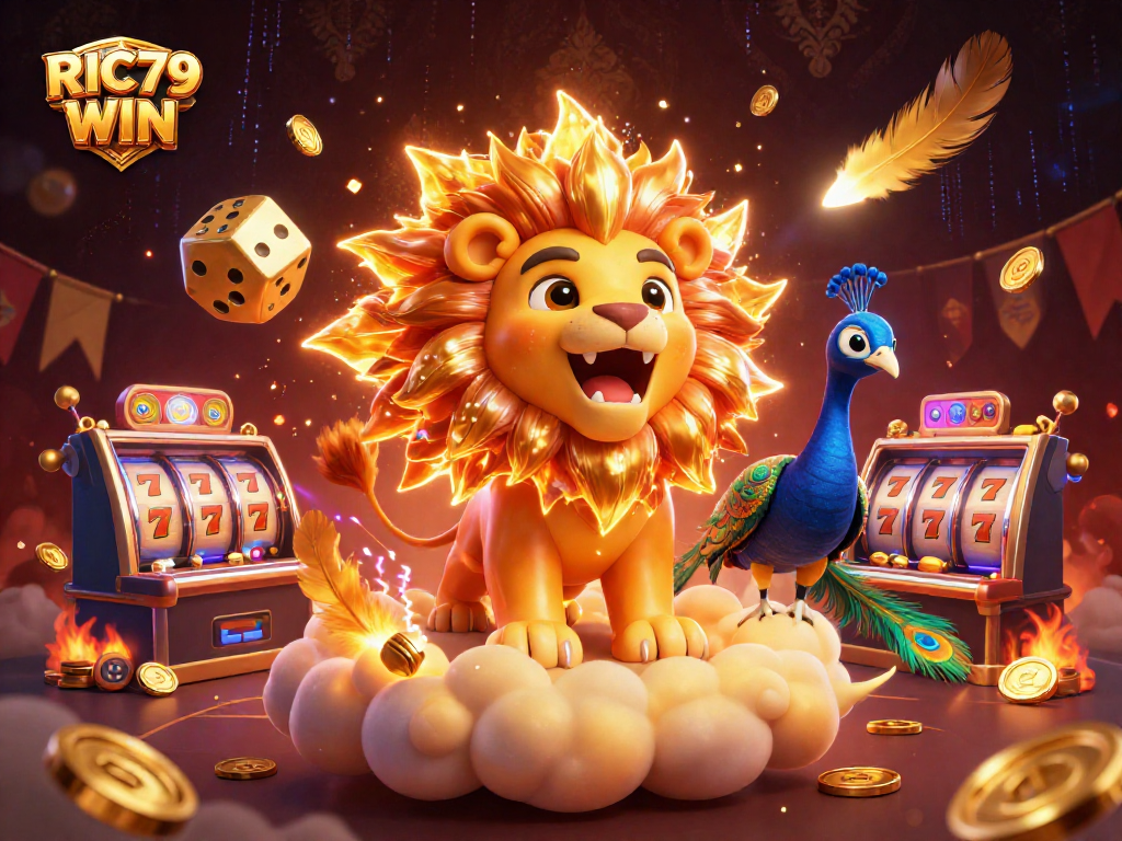 Join the excitement at RIC79 WIN with vibrant casino elements, showcasing a roaring sun lion and golden dice.