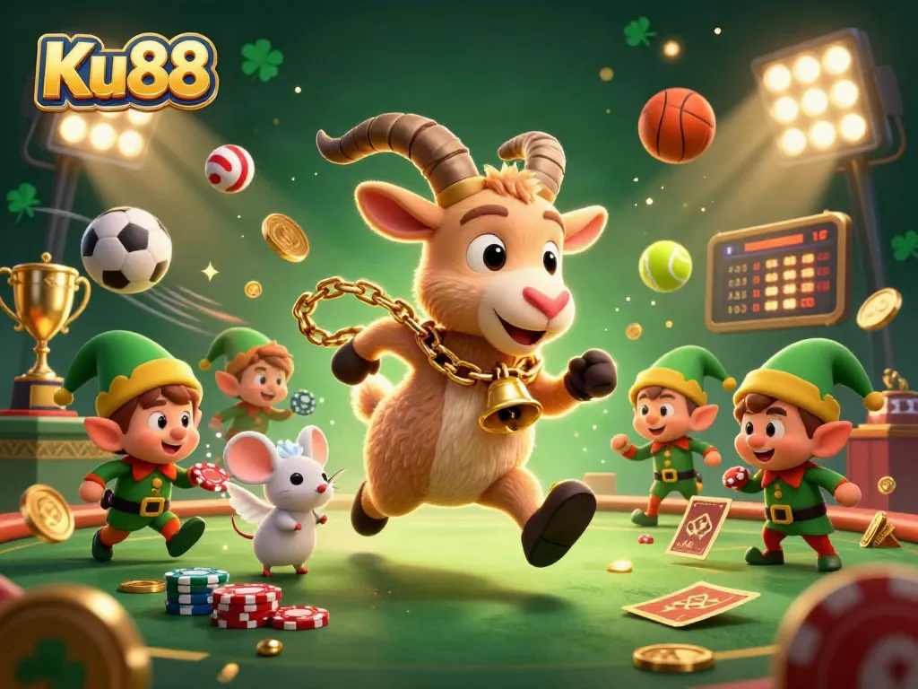 Engage with thrilling bets at Ku88 in a festive 3D casino scene featuring playful characters.
