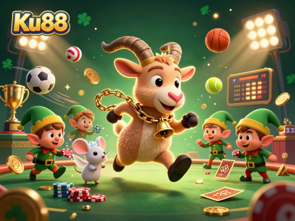 Engage with thrilling bets at Ku88 in a festive 3D casino scene featuring playful characters.