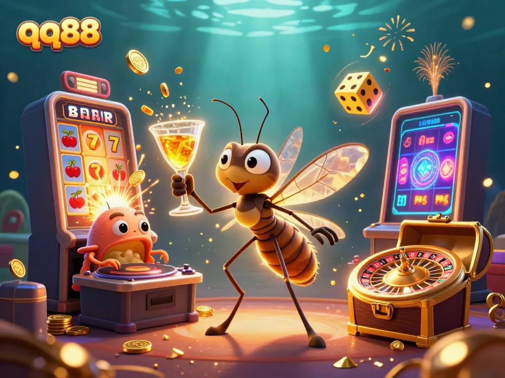Experience the excitement of qq88 with this vibrant casino-themed 3D illustration showcasing a unique mosquito mascot and lively gaming elements.