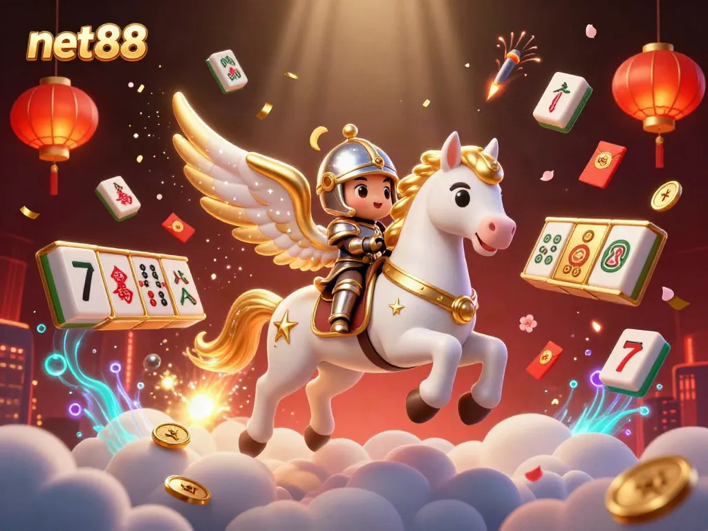 Experience thrilling gaming action with net88 as a celestial knight rides through a magical casino landscape.