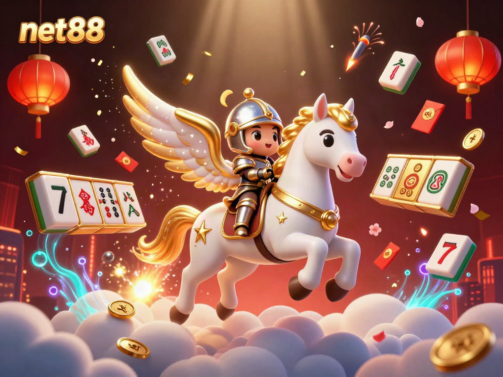 Experience thrilling gaming action with net88 as a celestial knight rides through a magical casino landscape.