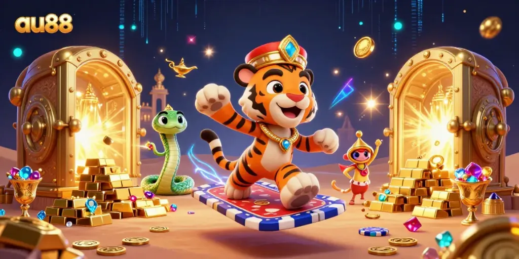 Engage with the thrilling world of au88 as a majestic tiger sultan on a poker chip carpet flies amid treasure and mystical lights.