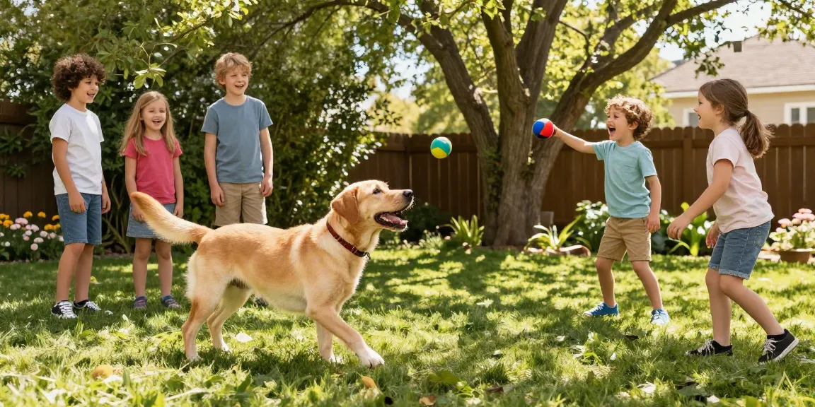 Engaging family moment with a fox red Labrador retriever playing fetch in a sunny backyard.