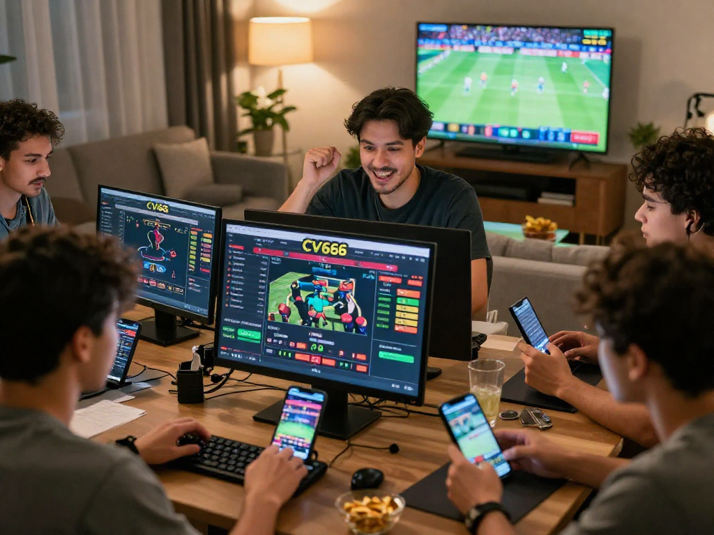 Players engaging with CV666 online betting platform in a vibrant home setting, showcasing live bets and sports events.