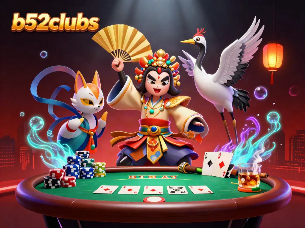 Bets in action at b52clubs, featuring a kabuki warrior, poker elements, and vibrant casino atmosphere.