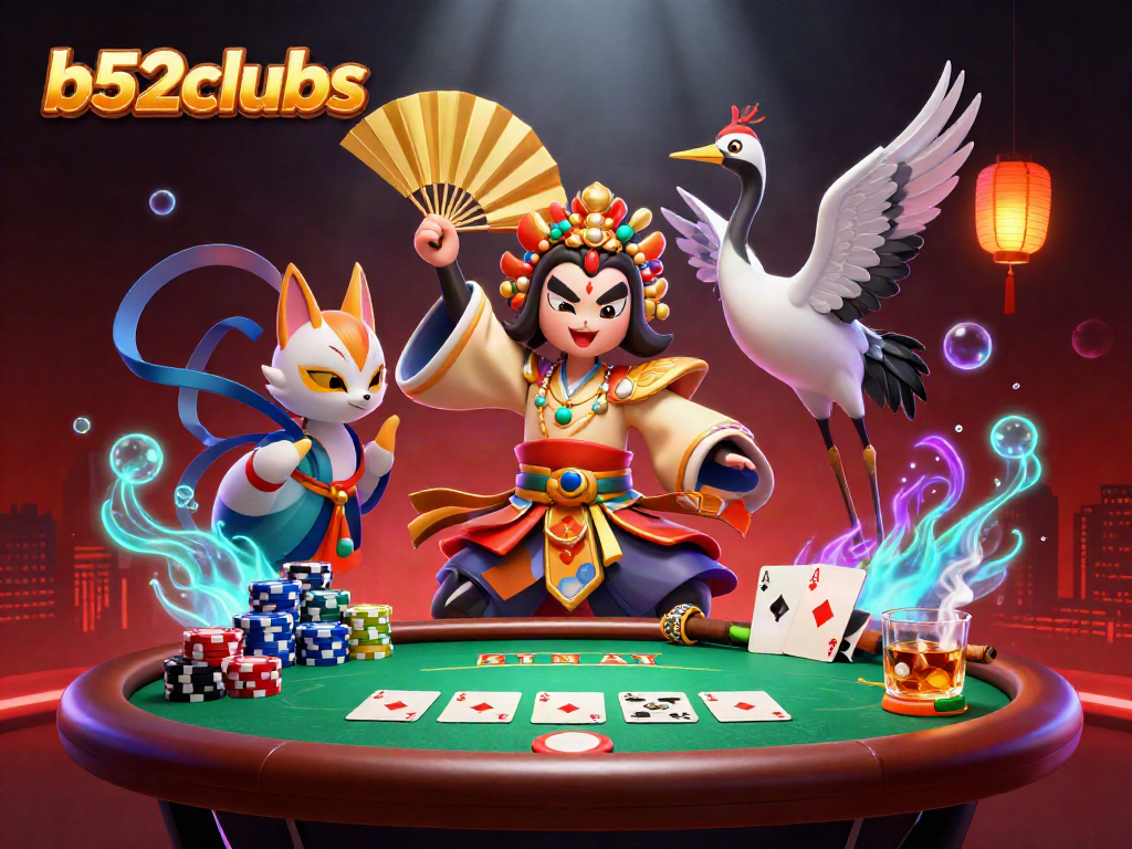 Bets in action at b52clubs, featuring a kabuki warrior, poker elements, and vibrant casino atmosphere.