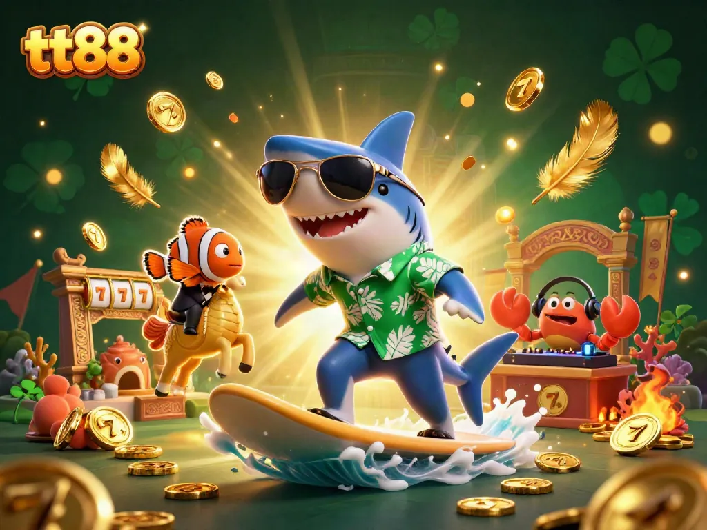 Experience tt88’s vibrant world with a hammer-head shark surfing coins, surrounded by dynamic casino elements.