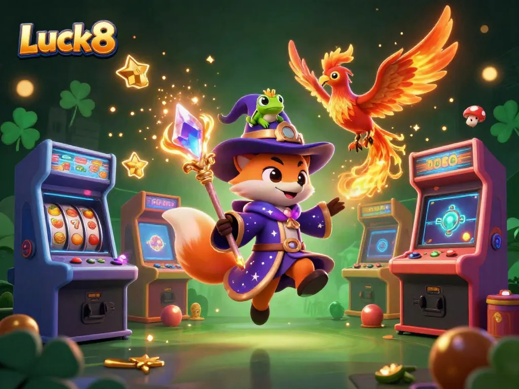 Experience fun at Luck8 with a dynamic 3D wizard fox and phoenix in an exciting casino scene.