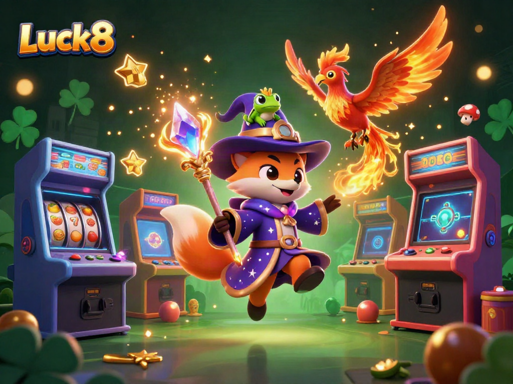 Experience fun at Luck8 with a dynamic 3D wizard fox and phoenix in an exciting casino scene.