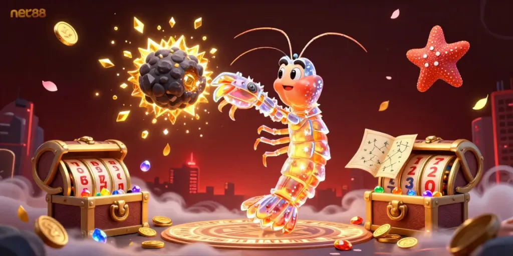 Engage with net88 in this immersive 3D scene featuring vibrant gambling elements and characters.