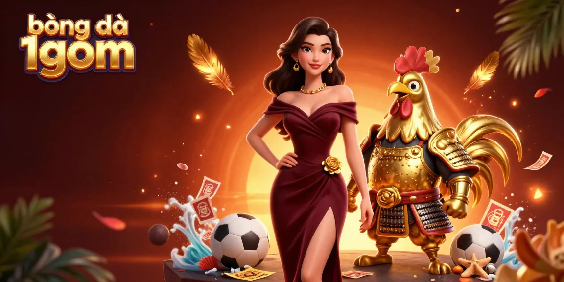 Engage in thrilling bóng đá 1gom sports betting action with a glamorous illustration featuring dynamic warriors and vibrant game elements.