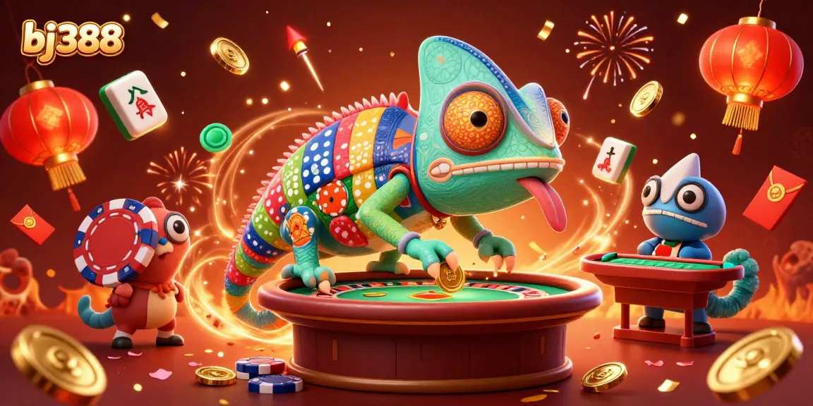 Bet on thrilling games at bj388 as the colorful chameleon casino owner delights in a vibrant 3D scene.
