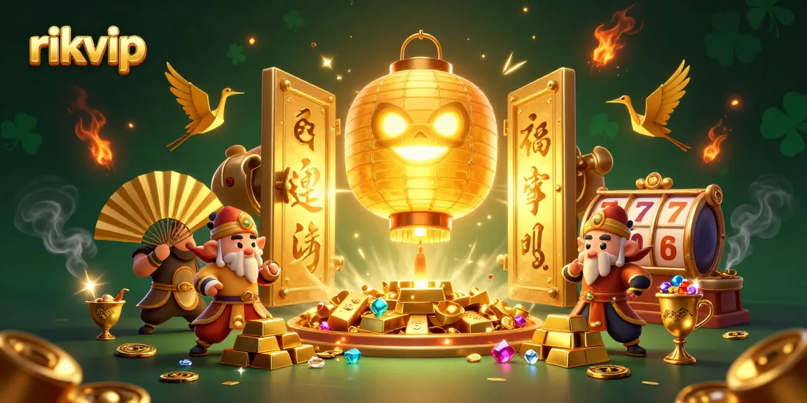 Experience big wins with rikvip's vibrant casino scene featuring golden treasures and dynamic characters.