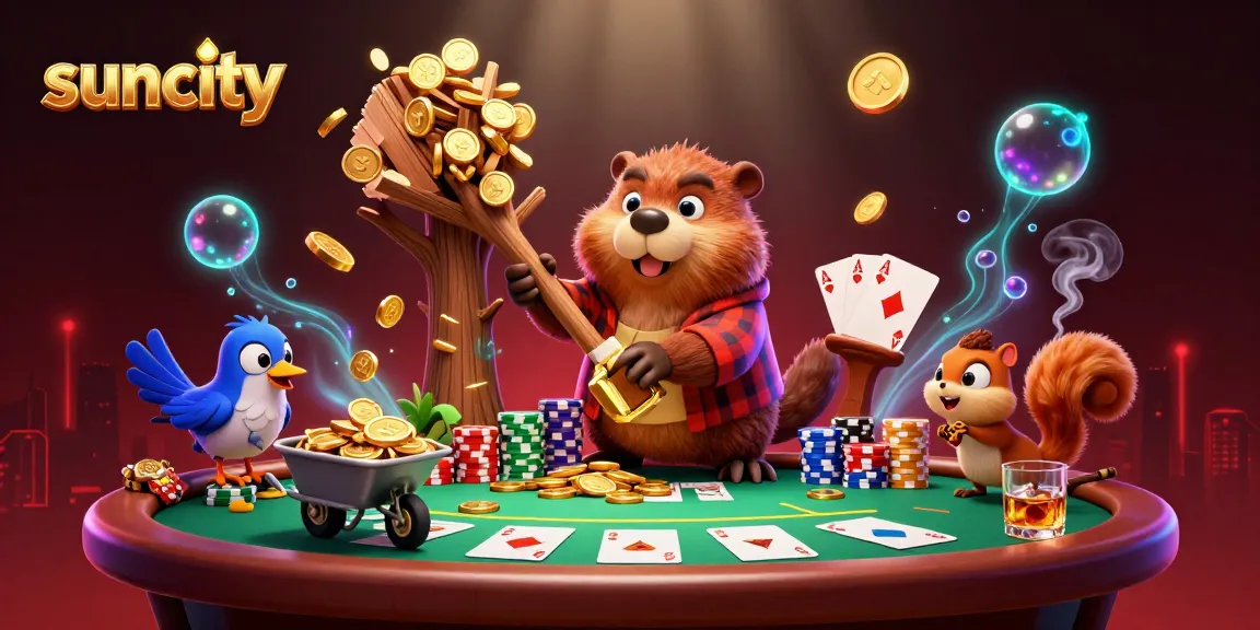 Suncity showcases a lively casino scene with a cartoon beaver and vibrant poker elements.