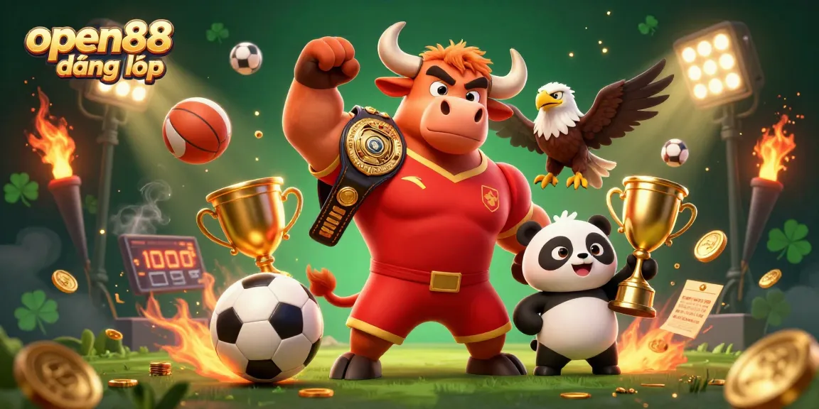Experience the excitement of open88 đăng nhập with dynamic sports elements and vibrant characters celebrating victory.