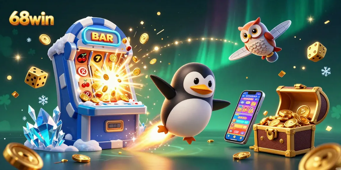 Experience gaming excitement with 68win's penguin, spinning jackpots, and vibrant casino atmosphere.