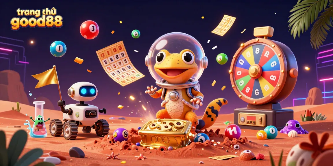 Experience fun at trang chủ good88 with a dynamic 3D scene featuring a Martian gecko discovering a golden casino.