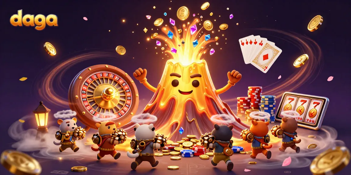 Experience thrilling wins at daga with a golden volcano erupting coins and a roulette wheel.