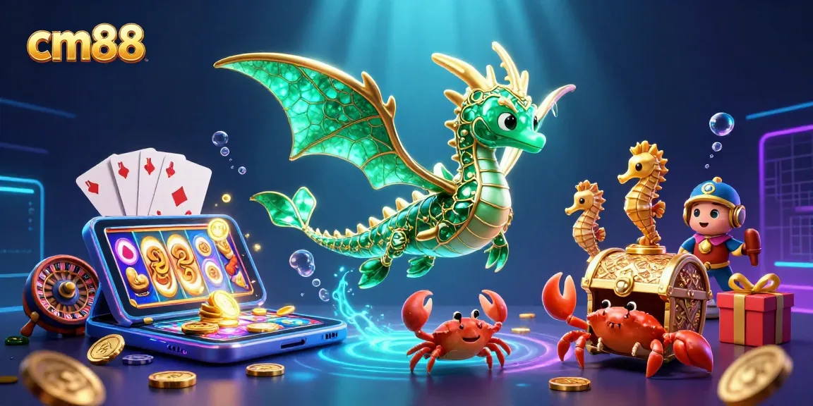Experience thrilling slots and casino magic with cm88's dynamic underwater scene featuring a sea dragon and treasure.