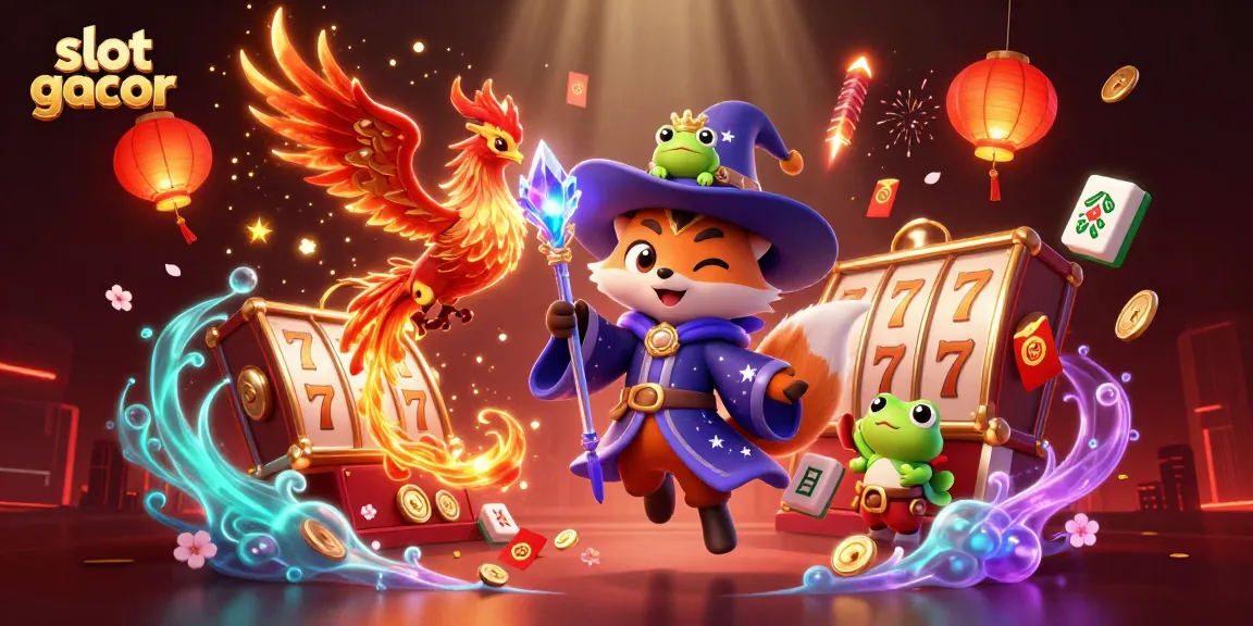 Experience exciting slot gacor action with the magical wizard fox, phoenix, and playful frog in a vibrant casino scene.