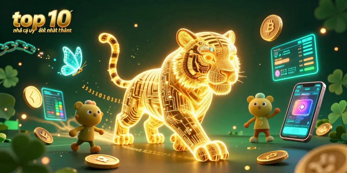 Explore the vibrant 3D illustration depicting the top 10 nhà cái uy tín nhất hiện nay, featuring a golden tiger amidst a digital casino.