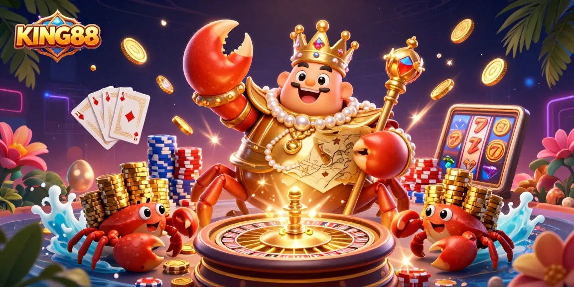 KING88 offers an exciting casino scene with a golden crab emperor surrounded by vibrant game elements.