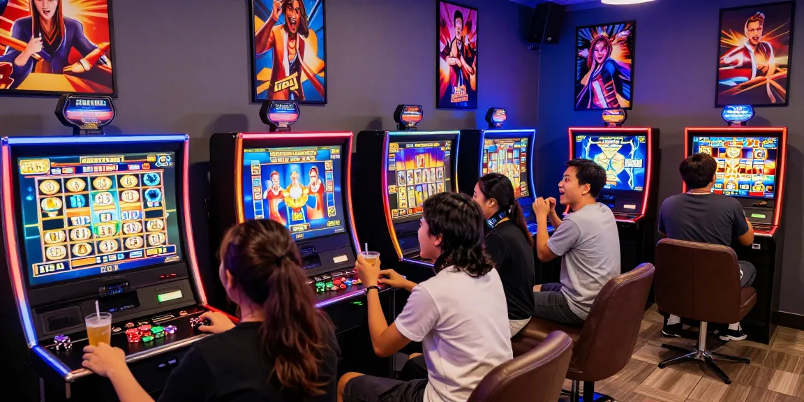 Situs slot deposit 10 ribu scene showing friends in vibrant gaming lounge enjoying interactive slot games