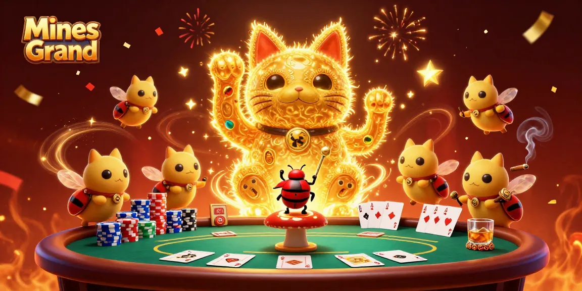 Mines Grand captivates players with a stunning display of casino symbols and a lucky cat illustration.