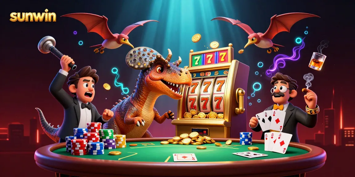 Experience the excitement of sunwin's jackpot with dinosaurs in a thrilling casino scene!