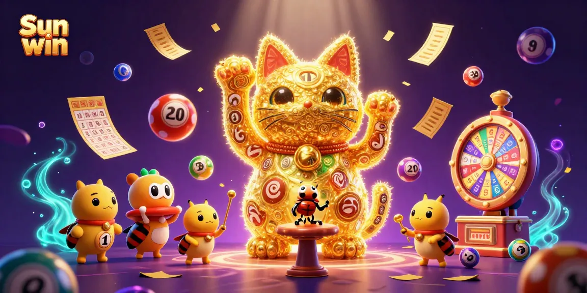 Engage in thrilling gameplay with Sun win's lively golden lucky cat illustration amidst colorful lottery elements.