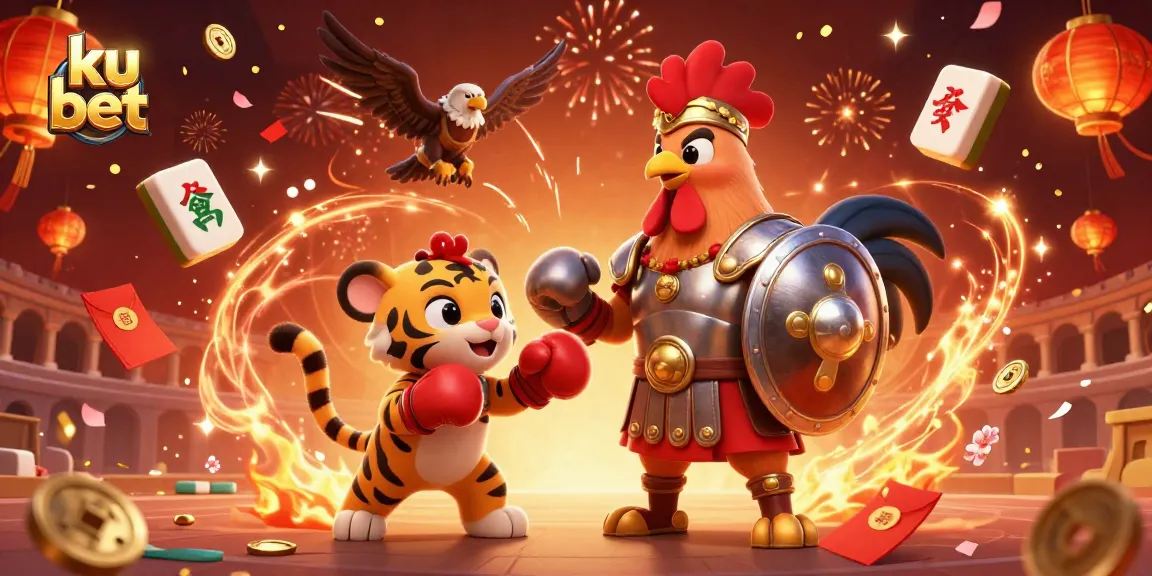 Experience excitement with ku bet in a lavish gaming scene featuring a gladiator rooster, surrounded by festive elements.
