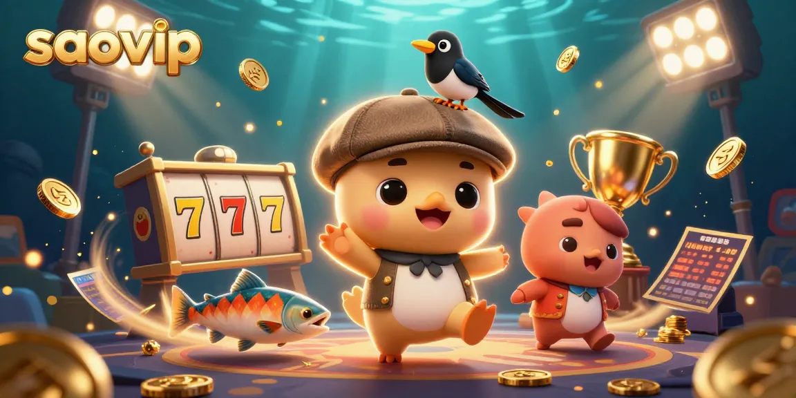 Spin the reels with saovip in a lively casino scene featuring cartoon characters and jackpot elements.