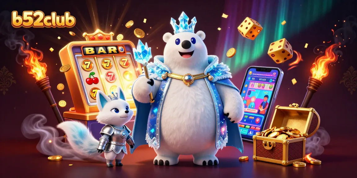 B52Club's immersive gaming experience with polar bear and snow fox, featuring slot machines and golden treasures.