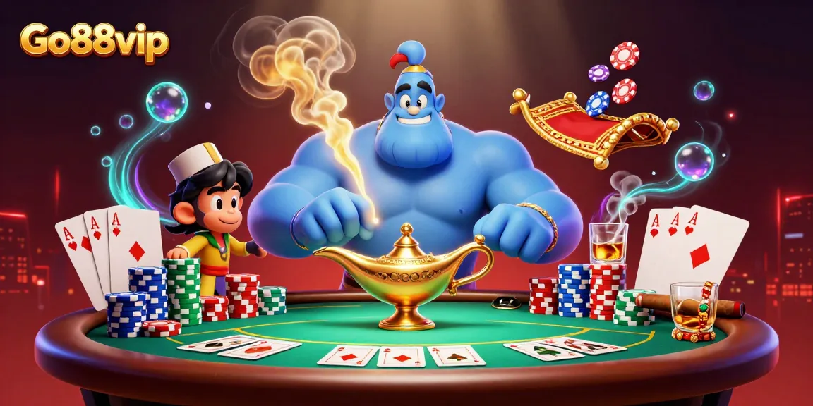 Engage with Go88vip's thrilling gaming atmosphere featuring a dynamic scene with poker chips and colorful characters.