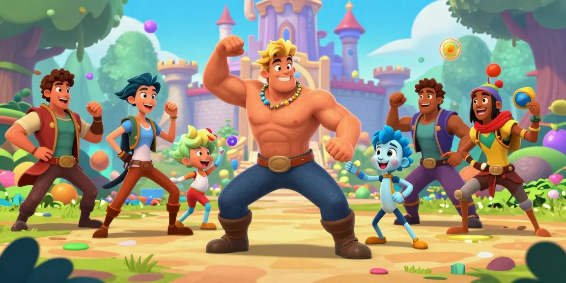Colorful characters in animated scene promoting gay hentai games with playful interactions and fantasy elements.