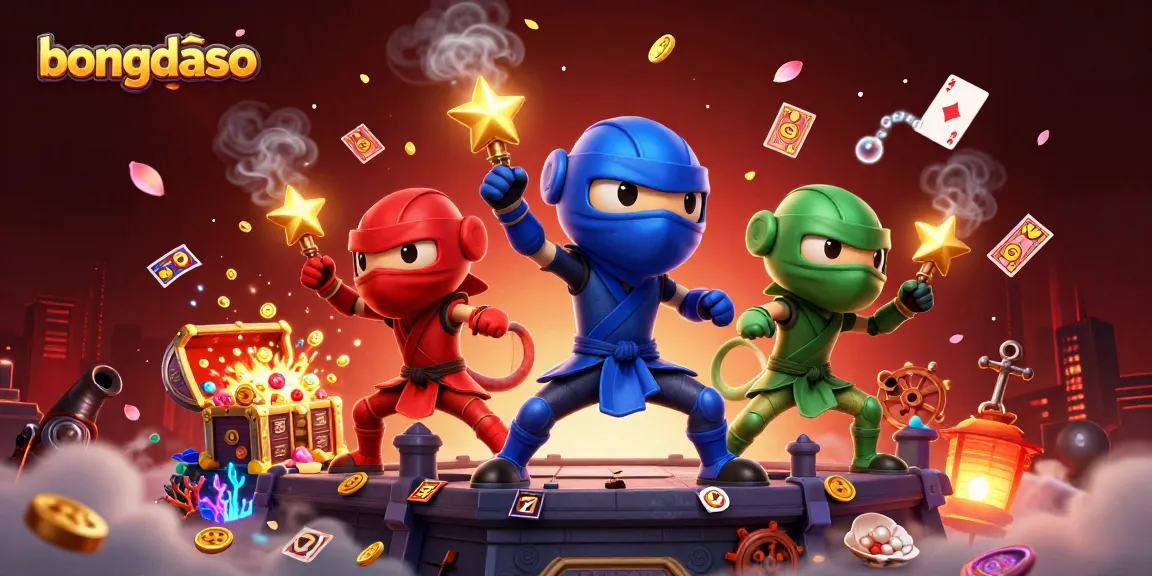 Bongdaso ninjas perform thrilling martial arts amid slot symbols and gold treasures, enhancing casino excitement