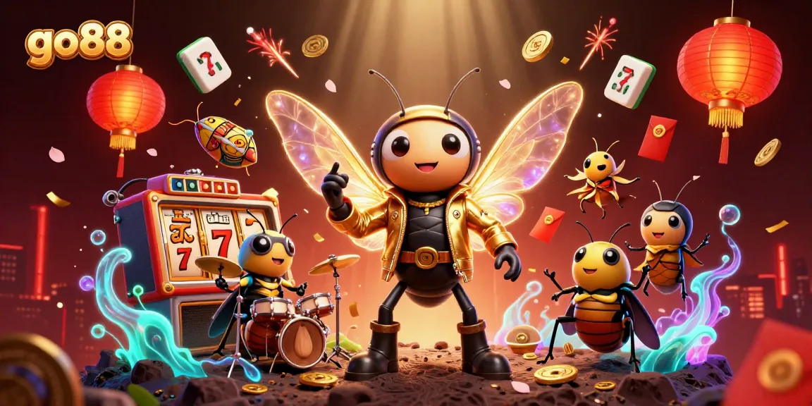 Join the excitement at go88 with a vibrant scene featuring a cicada rock star and festive casino elements.
