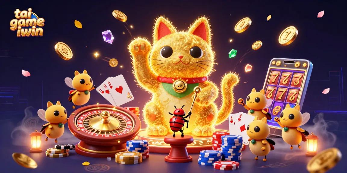 Engage with tai game iwin in a vibrant casino scene featuring a lucky cat, golden coins, and dazzling visuals.