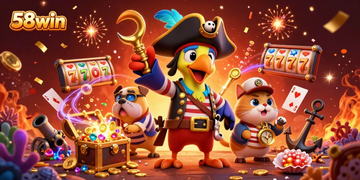 Experience the thrill of 58win with lively casino characters amid vibrant slot elements and dynamic treasure explosions.