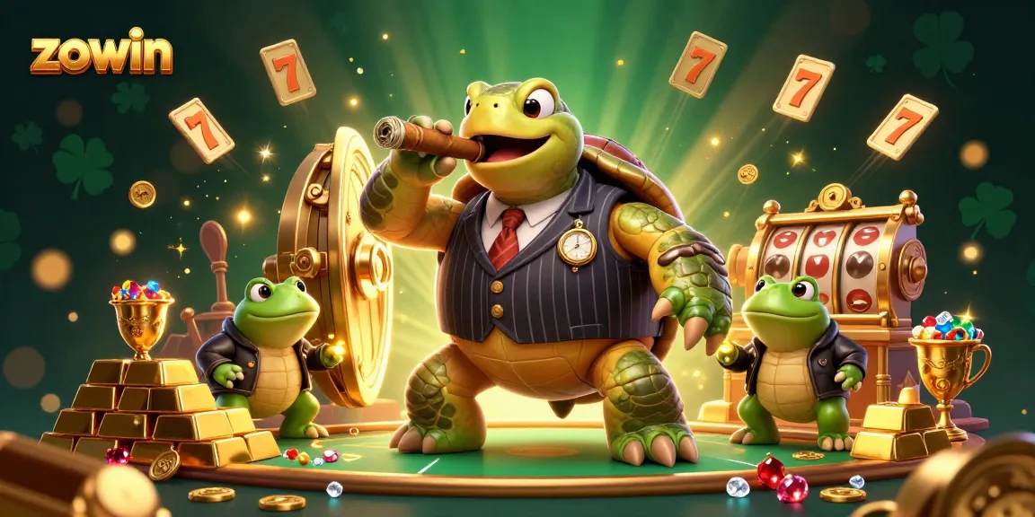 Zowin brings excitement with a giant turtle and bullfrogs amidst gold and slot reels.