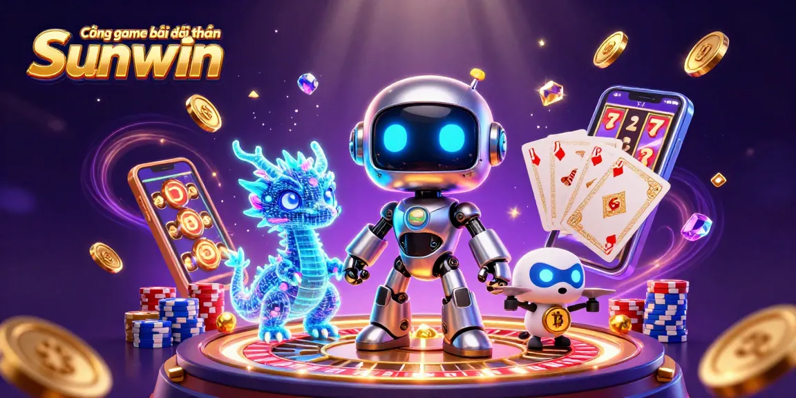 Cổng game bài đổi thưởng Sunwin showcases a vibrant scene with animated characters, colorful casino elements, and dynamic glowing effects.