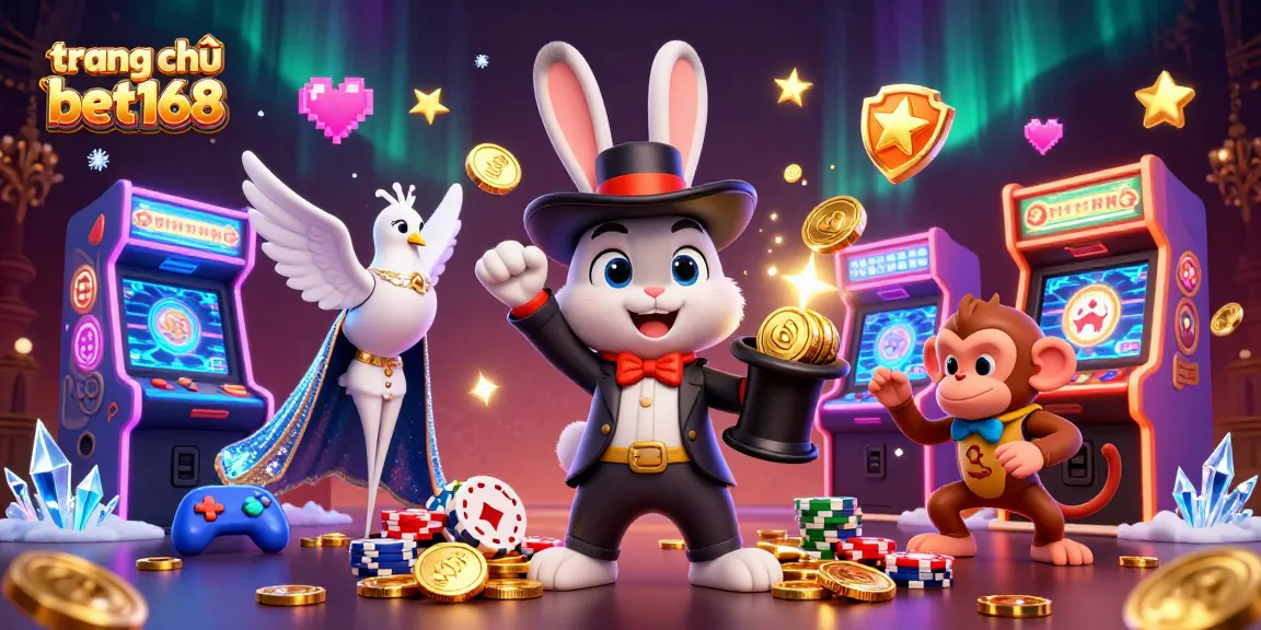 Engaging scene showcasing the excitement of trang chủ bet168 with a magician rabbit, poker chips, and vibrant casino elements.