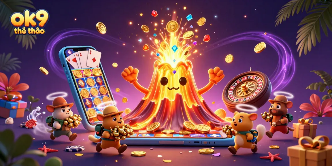 Experience the excitement of ok9 thể thao with treasures flooding from a volcano amidst vibrant gaming elements.