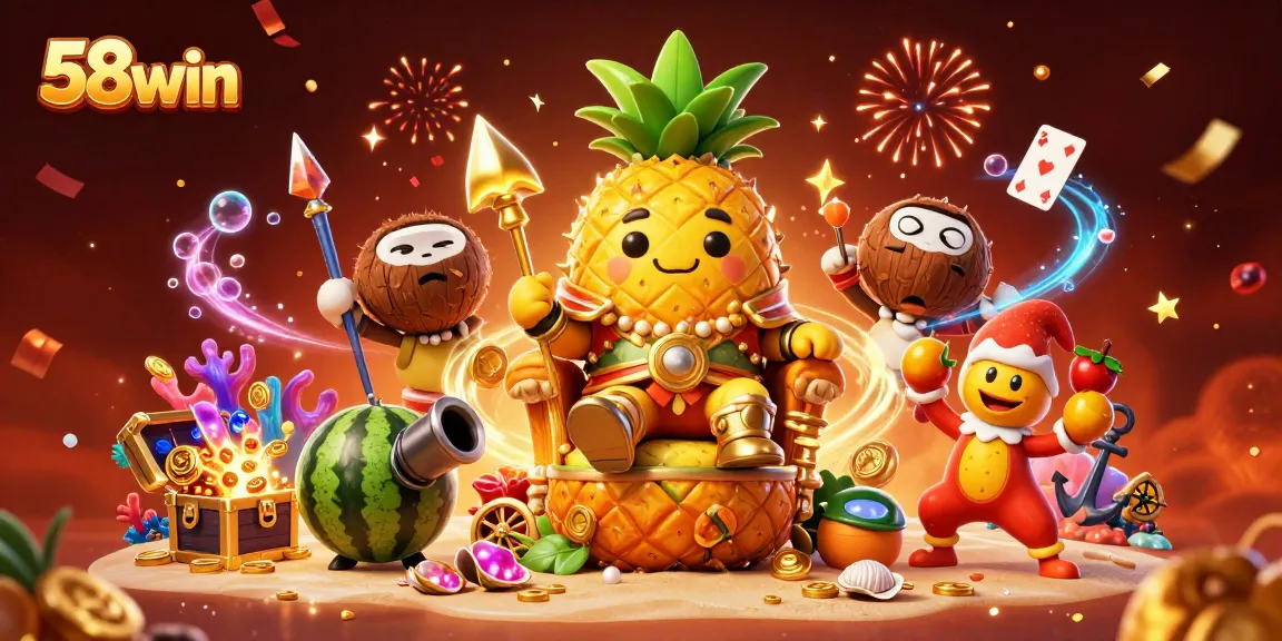 Experience thrilling gaming action with 58win's vibrant 3D cartoon casino illustration.
