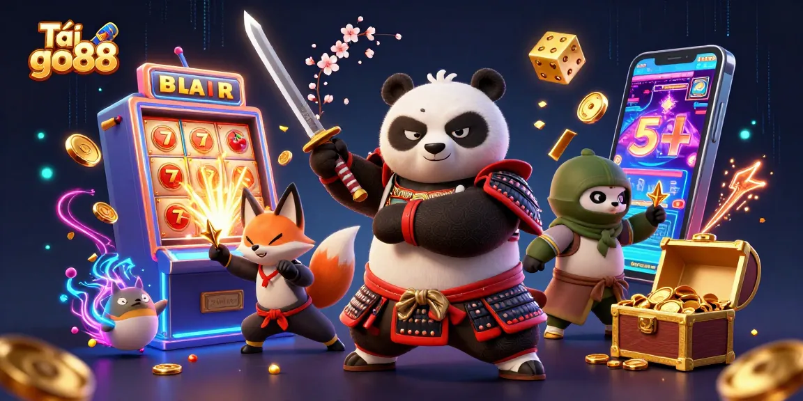 Win big rewards at Tải go88 with exciting illustrations featuring samurai panda and dynamic casino elements.
